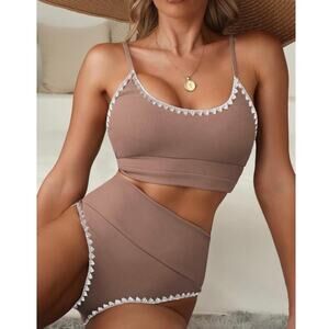 Women's Two Piece Swimsuit Ribbed Tan/Brown Bikini High-Waisted Bikini Large
